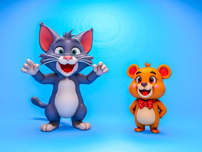 Happy Cartoon Gray Cat And Brown Bear With Red Bow Tie On Blue Background 3d model