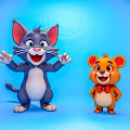 Happy Cartoon Gray Cat And Brown Bear With Red Bow Tie On Blue Background