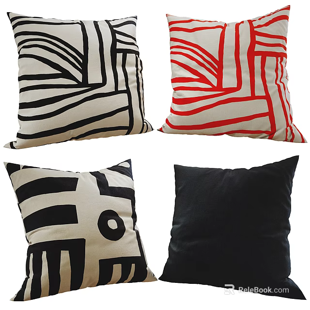 Modern Decorative Pillows with Geometric Patterns Black White Red and Solid Black Designs 3d model