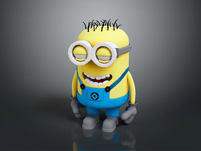 Minion Character With Yellow Body Blue Overalls Large Goggles Black Spiky Hair And Grinning Expression 3d model