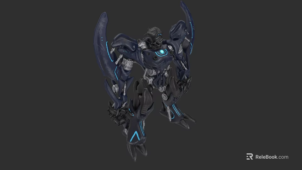 Futuristic Mechanical Game Movie Character With Blue Glowing Elements And Sharp Weapons 3d model 