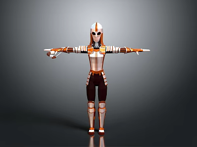 Humanoid Robot With Orange And White Stripes Mechanical Structure Standing Pose Arms Extended 3d model