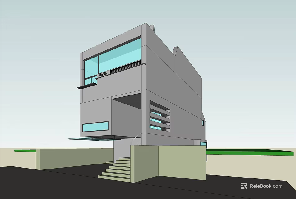Modern Detached Villa with Gray Exterior Large Glass Windows and Overhanging Structure 3d model 