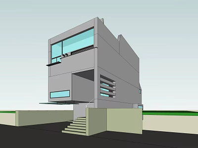 Modern Detached Villa with Gray Exterior Large Glass Windows and Overhanging Structure 3d model