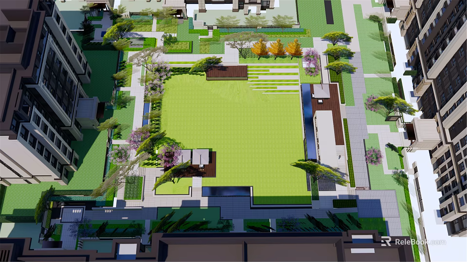 Residential Landscape Design With Lush Green Lawn Trees And Recreational Areas 3d model 
