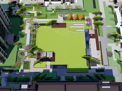 Residential Landscape Design With Lush Green Lawn Trees And Recreational Areas 3d model
