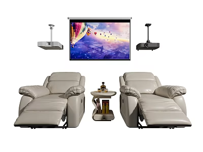 Luxury Reclining Massage Chairs in Home Theater with Side Table and Projector Screen 3d model