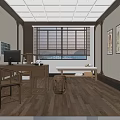Traditional Chinese Interior With Wooden Desk Chair Bench Window Blinds And Decorative Paintings