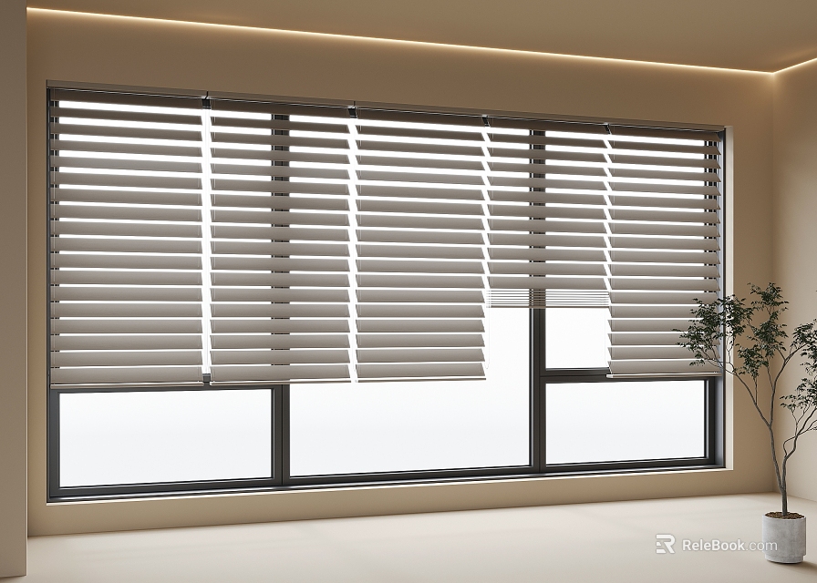 Elegant Venetian Blinds On Modern Large Window With Natural Light And Potted Plant 3d model 