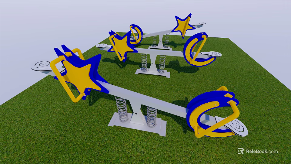 Outdoor Playground Seesaw With Star And Moon Shaped Blue Yellow Design On Grass 3d model 