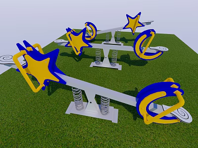 Outdoor Playground Seesaw With Star And Moon Shaped Blue Yellow Design On Grass 3d model
