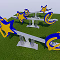 Outdoor Playground Seesaw With Star And Moon Shaped Blue Yellow Design On Grass