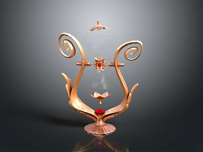 Golden Decorative Ornament With Spiral Design Glass Cover Red Gem And Butterfly Elements 3d model