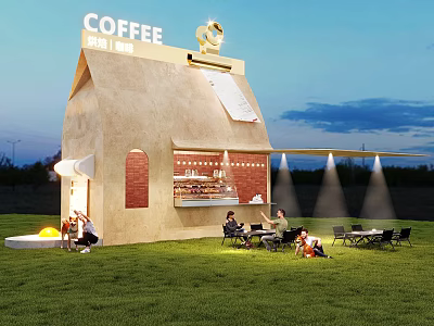 Garden Landscape Design With Coffee Cabin Red Brick Accents Grass Lawn Outdoor Seating And Lighting 3d model