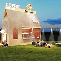 Garden Landscape Design With Coffee Cabin Red Brick Accents Grass Lawn Outdoor Seating And Lighting