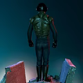 Sci Fi Character In Armor Vest Standing On Broken Stone Platform With Goggles