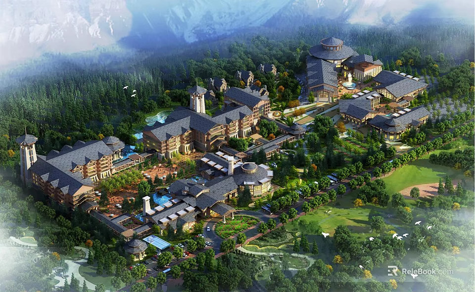 Scenic Mountain Hotel Architecture Surrounded By Lush Forest And Green Landscapes 3d model 