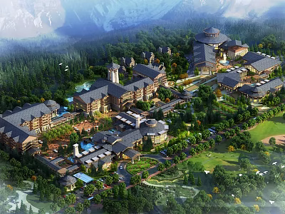 Scenic Mountain Hotel Architecture Surrounded By Lush Forest And Green Landscapes 3d model