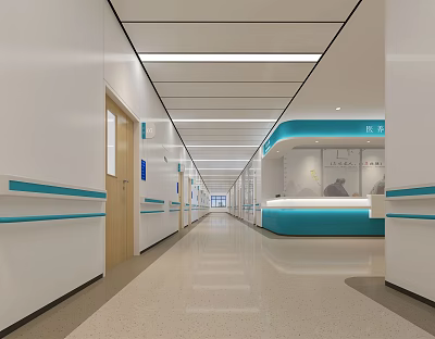 Modern Hospital Elevator Corridor With White And Blue Decor Smooth Floor And Lighting 3d model