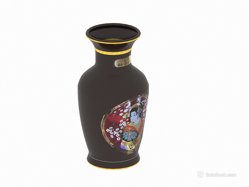 Dark Brown Ceramic Vase With Gold Rim And Colorful Cherry Blossom Figure Designs 3d model 
