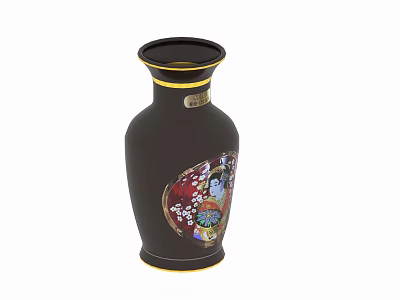 Dark Brown Ceramic Vase With Gold Rim And Colorful Cherry Blossom Figure Designs 3d model