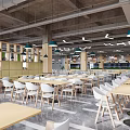 Modern Dining Space Interior With Wooden Frames White Chairs Green Plants And Pendant Lights