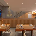 Cozy Restaurant Interior Featuring Wooden Furniture Two Floor Layout Staircase And Dining Counter