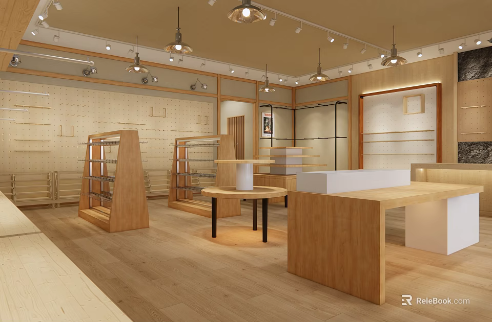 Modern Shopping Mall Store Interior Design With Wooden Display Racks And Exhibition Tables 3d model 