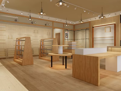 Modern Shopping Mall Store Interior Design With Wooden Display Racks And Exhibition Tables 3d model
