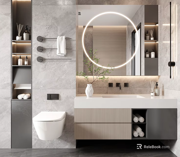 Modern Bathroom Vanity Design With Round Mirror Marble Countertop Storage Cabinets And Green Plant 3d model 