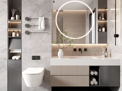 Modern Bathroom Vanity Design With Round Mirror Marble Countertop Storage Cabinets And Green Plant 3d model