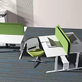 Modern Office Desk Setup With Green Divider Two White Chairs Laptop And Storage Drawer