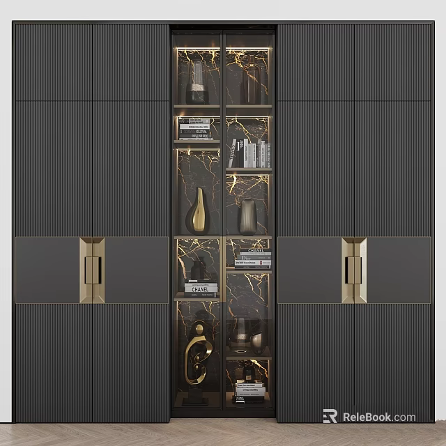 Elegant Modern Black Gold Storage Cabinet With Glass Doors And Layered Shelves 3d model 