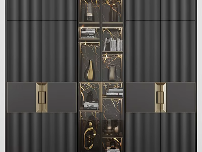 Elegant Modern Black Gold Storage Cabinet With Glass Doors And Layered Shelves 3d model