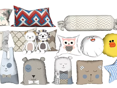 Cute Animal And Geometric Pattern Pillows With Colorful Designs For Home Decor 3d model