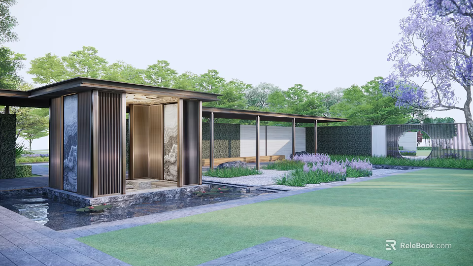 Modern Residential Landscape With Entrance Lush Lawn Purple Flowering Plants Green Trees And Wooden Fence 3d model 