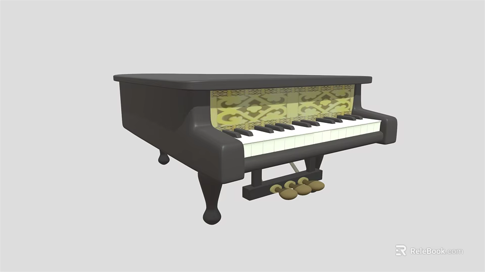 Black Piano With Open Lid And Yellow Painted Patterns On Interior And Wooden Keys 3d model 