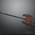 Fantasy Double Bladed Battle Axe With Red Glowing Patterns And Metal Handle 3d model