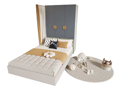 Cozy Kids Bed Featuring Gray Beige Headboard Bedding Pillows Stuffed Toys And Round Rug 3d model