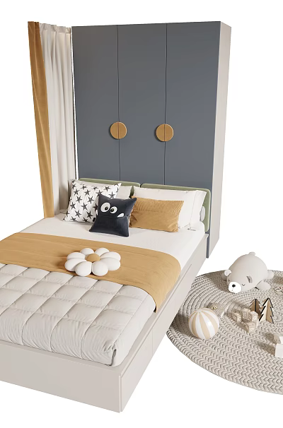Cozy Kids Bed Featuring Gray Beige Headboard Bedding Pillows Stuffed Toys And Round Rug 3d model