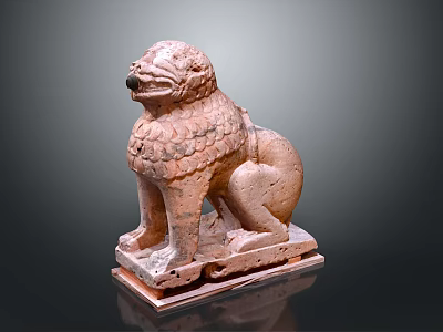 Traditional Red Brown Stone Lion Sculpture With Scaled Body And Square Base 3d model