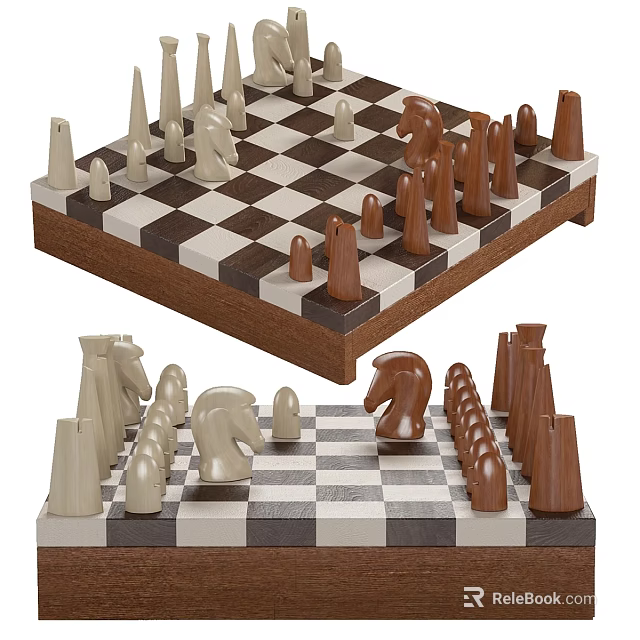 Wooden Chess Ornament Set Featuring Classic Chessboard And Detailed Pieces Design 3d model 