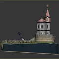 Cartoon Scene Featuring Pink Spire Tower Water Area Small Boat Bridge And Green Plants