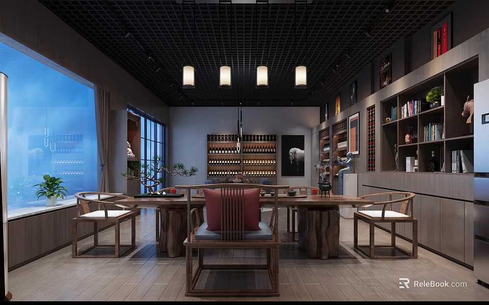Chinese Style Mall Shop With Wooden Furniture Bookshelves Chandeliers And Large Windows 3d model 