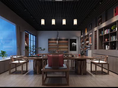 Chinese Style Mall Shop With Wooden Furniture Bookshelves Chandeliers And Large Windows 3d model