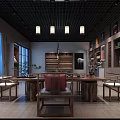 Chinese Style Mall Shop With Wooden Furniture Bookshelves Chandeliers And Large Windows