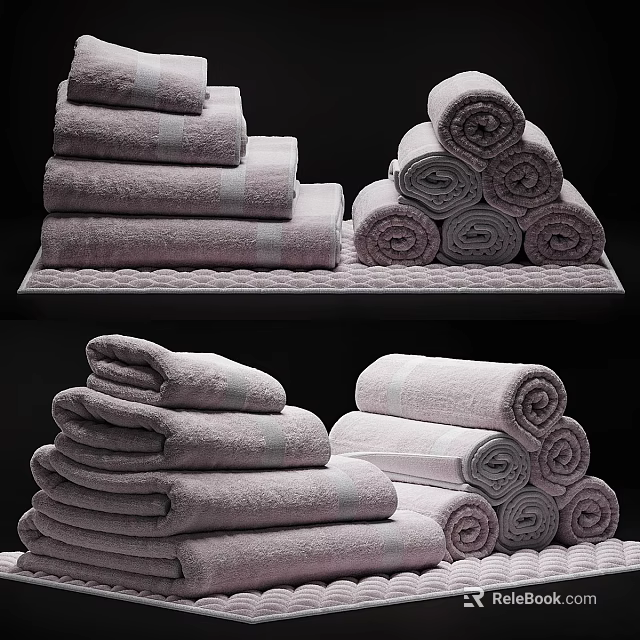 Neatly Stacked Soft Gray Cotton Towels In Pyramid And Flat Pile Arrangements 3d model 