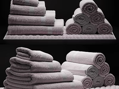 Neatly Stacked Soft Gray Cotton Towels In Pyramid And Flat Pile Arrangements 3d model
