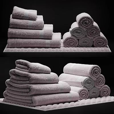 Neatly Stacked Soft Gray Cotton Towels In Pyramid And Flat Pile Arrangements 3d model