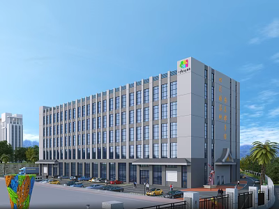 Modern Industrial Factory Building With Multiple Windows And Parking Lot Vehicles 3d model